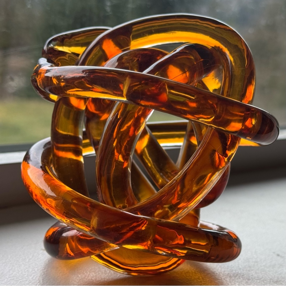 CLEAR Amber Blown Art Glass Rope Knot Sculpture Decorative Display Paperweight